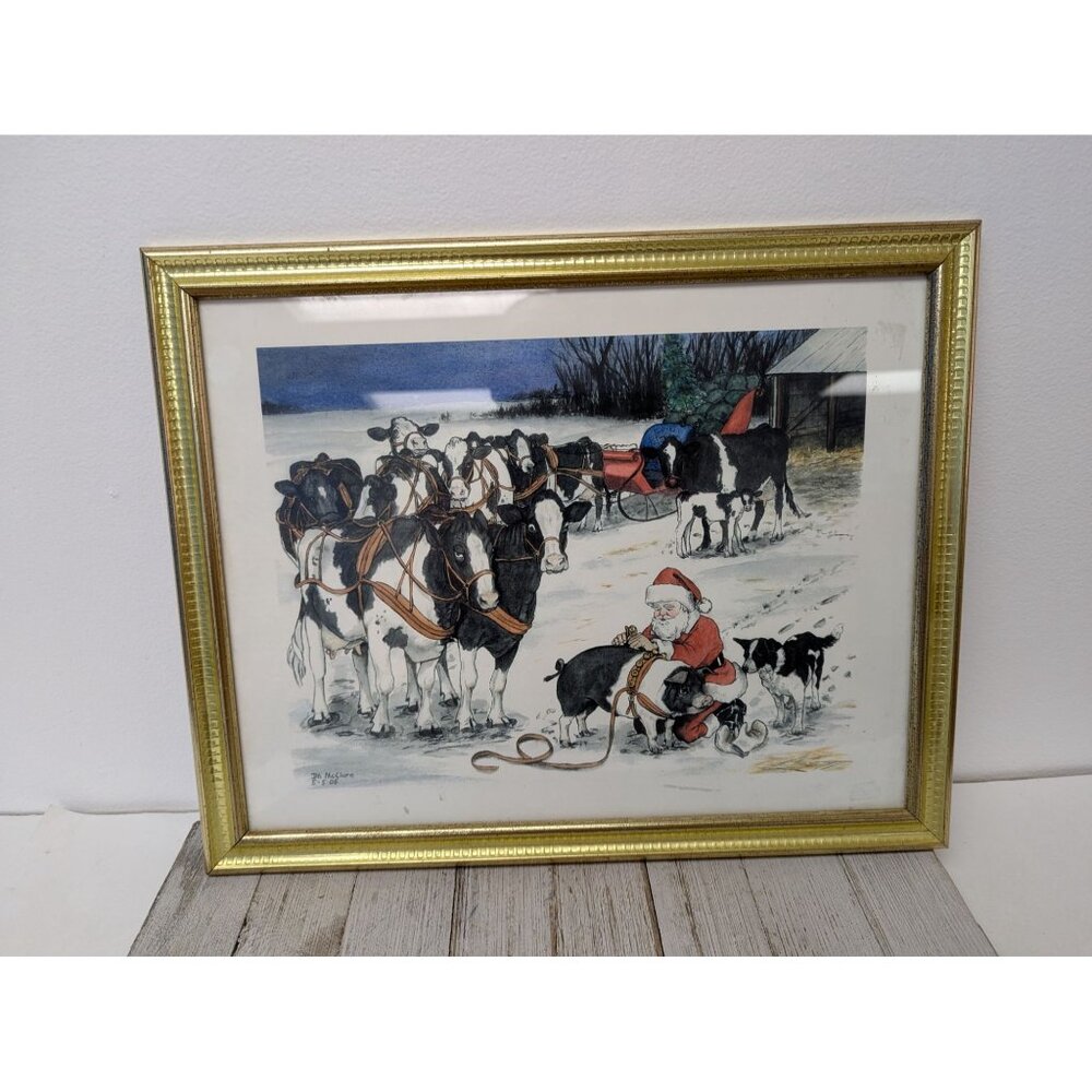 Jane McClure Jane's Prints Santa Claus with Pig Cows Sleigh Farm Framed Print